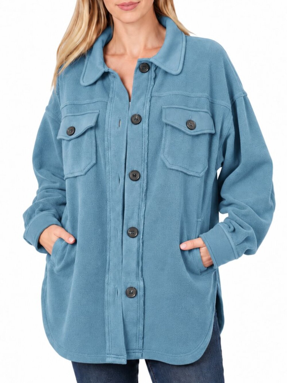 ZENANA Oversized Basic Polar Fleece Shacket Jacket Blue Small Button Front Cozy